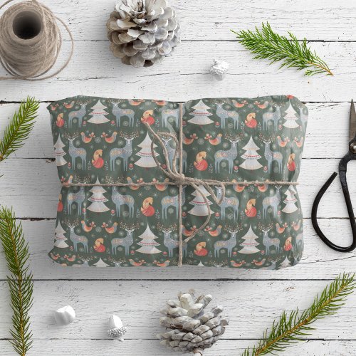 Green Nordic Reindeer Christmas Tree Floral Wrapping Paper