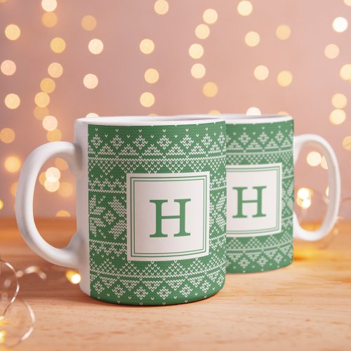 Green Nordic Sweater Pattern Monogram Holiday Coffee Mug