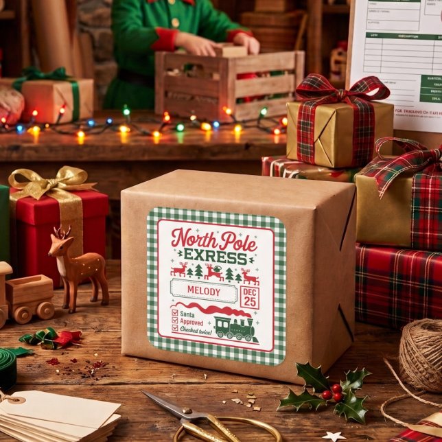 Green North Pole Santa express delivery plaid Square Sticker (Creator Uploaded)