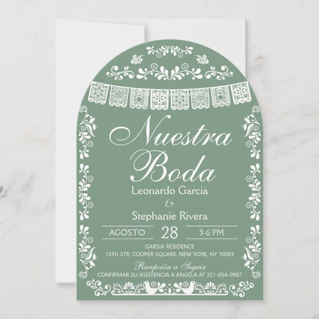 Green Nuestra Boda Papel Picado Spanish Wedding Invitation (Front)
