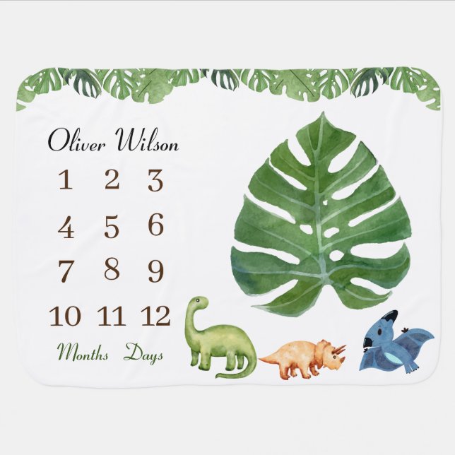 Green nursery dinosaur Monthly Milestone  Baby Blanket (Horizontal)