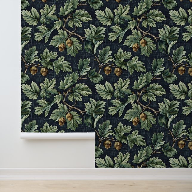 Green Oak Leaves Acorn Botanical Peel and Stick  Wallpaper (Application)