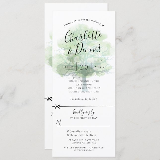 Green oak tree wedding invitation w rsvp attached (Front/Back)