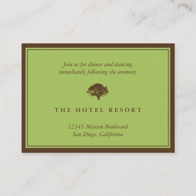 Green oak tree wedding reception enclosure cards (Front)