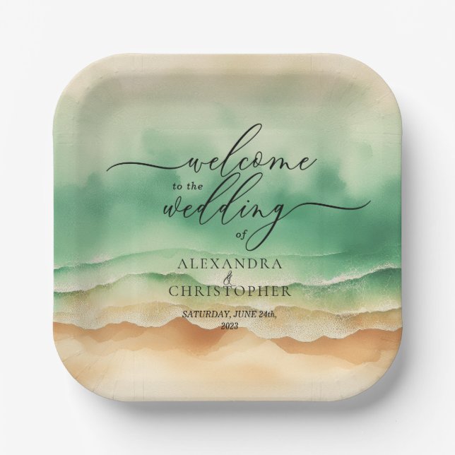 Green Ocean Beach Sand Sea Summer Party Paper Plates (Front)