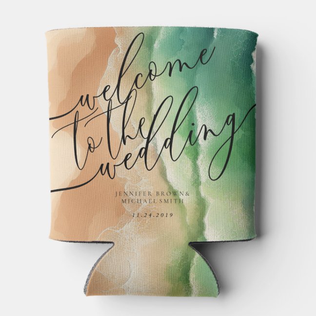 Green Ocean Beach Summer Party Wedding Welcome Can Cooler