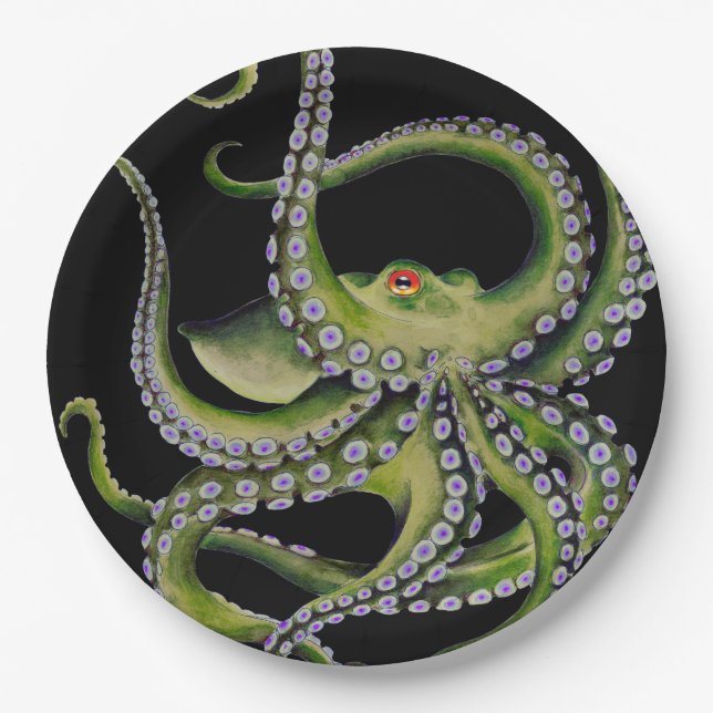 Green Octopus Black Paper Plates (Front)