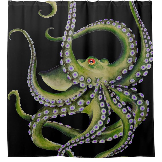 Green Octopus Black Shower Curtain (Front)