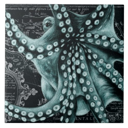 Green Octopus Colored Pencil Map Ceramic Tile
