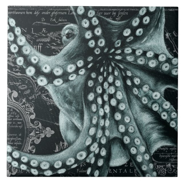 Green Octopus Colored Pencil Map Ceramic Tile (Front)