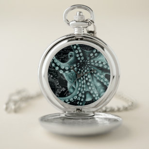 Green Octopus Colored Pencil Map Pocket Watch