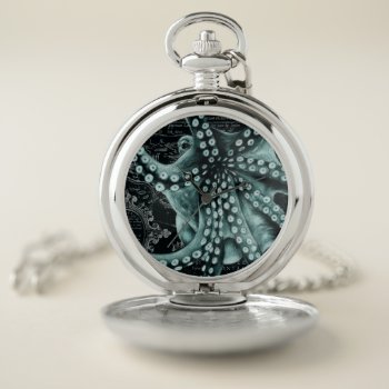 Green Octopus Colored Pencil Map Pocket Watch by EveyArtStore at Zazzle