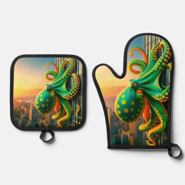 Green Octopus Oven Mitt & Pot Holder Set (Front)