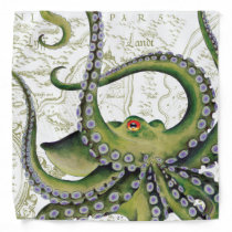 Green Octopus Vintage Map White Bandana