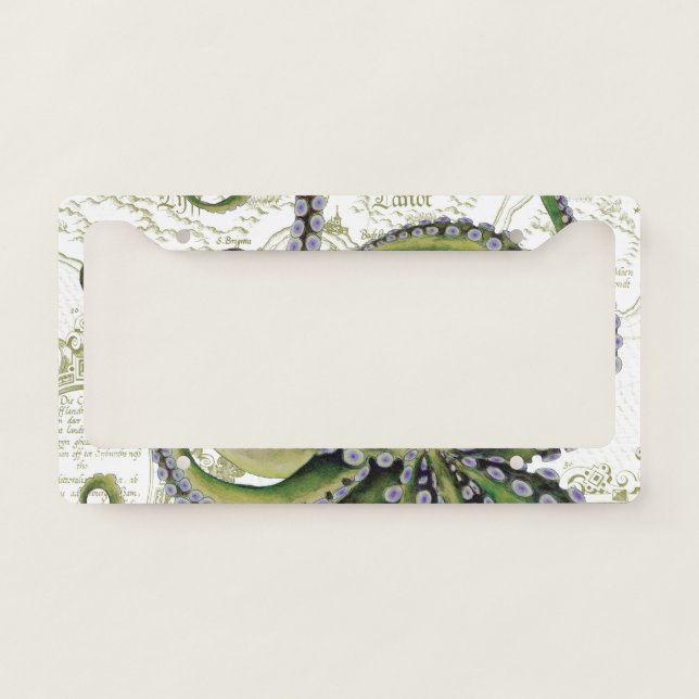Green Octopus Vintage Map White License Plate Frame (Front)
