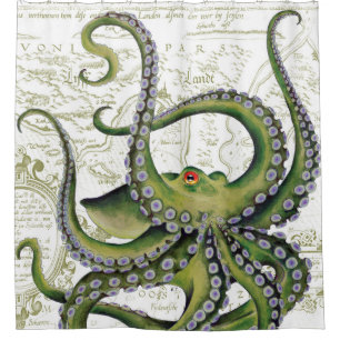 Green Octopus Vintage Map White Shower Curtain