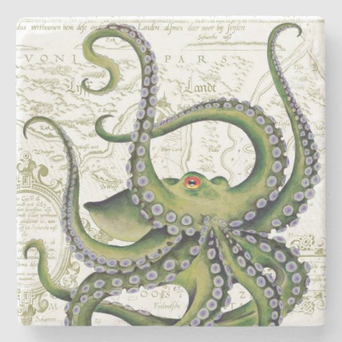 Green Octopus Vintage Map White Stone Coaster