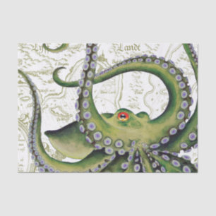 Green Octopus Vintage Map White Tissue Paper
