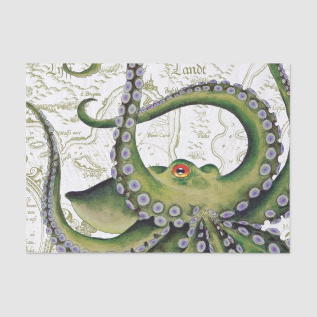 Green Octopus Vintage Map White Tissue Paper (Front)