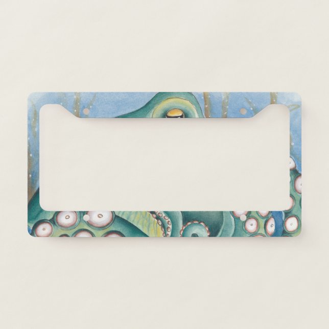 Green Octopus Watercolor Art License Plate Frame (Front)