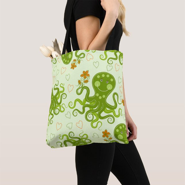 Green Octopuses With Flowers Tote Bag (Creator Uploaded)
