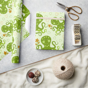 Green Octopuses With Flowers Wrapping Paper
