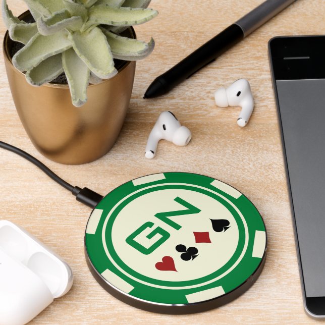 Green Off White Casino Poker Chip With Initials Wireless Charger (Desk 2)