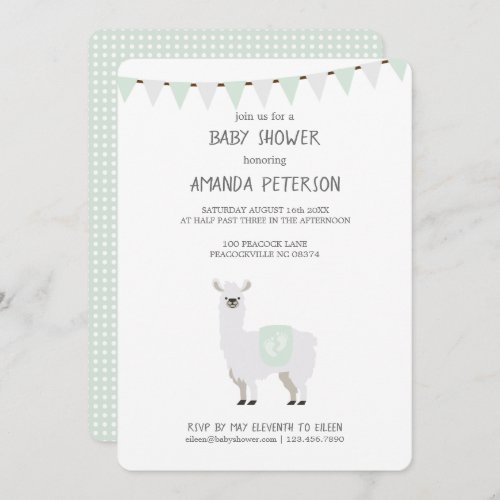 Green  Off_White Gender Neutral Llama Baby Shower Invitation