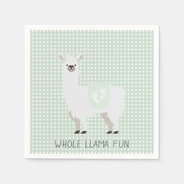 Green & Off-White Gender Neutral Llama Baby Shower Napkins (Front)