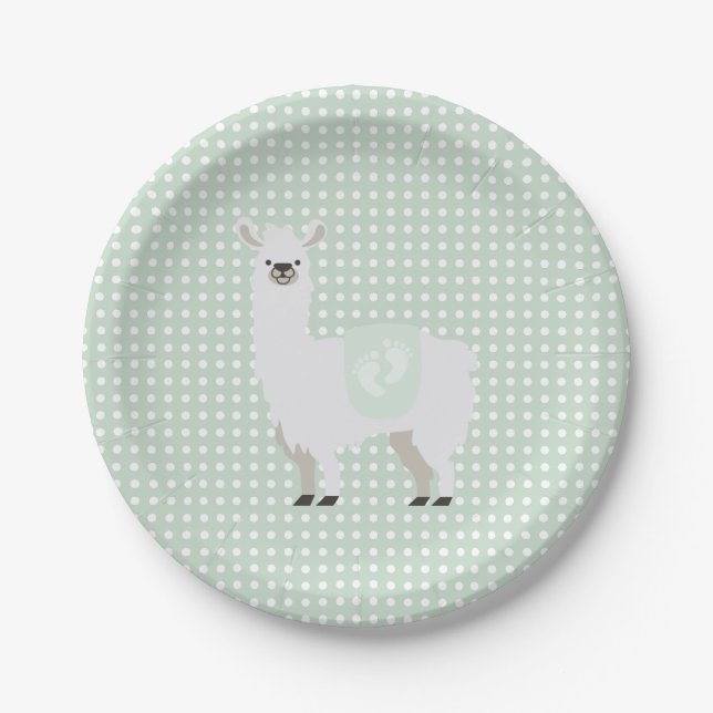 Green & Off-White Gender Neutral Llama Baby Shower Paper Plates (Front)