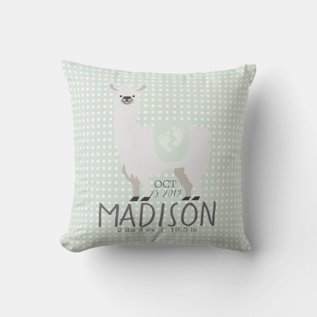 Green & Off-White Llama Birth Stats Throw Pillow (Front)