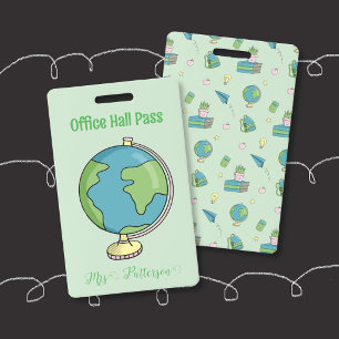 Green Office Hall Pass Badge with a Globe Doodle