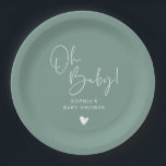 Green Oh Baby Modern Boho Baby Shower Paper Plates<br><div class="desc">Beautiful and cute boho,  minimalist,  gender-neutral baby shower paper plates with a fun,  modern script font and a simple layout. Fully customizable with your name for your baby shower.</div>
