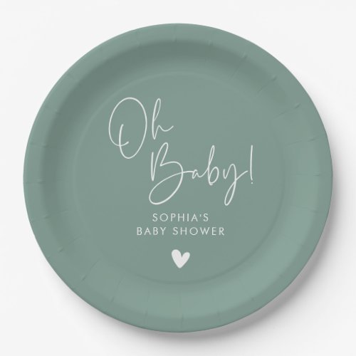 Green Oh Baby Modern Boho Baby Shower Paper Plates