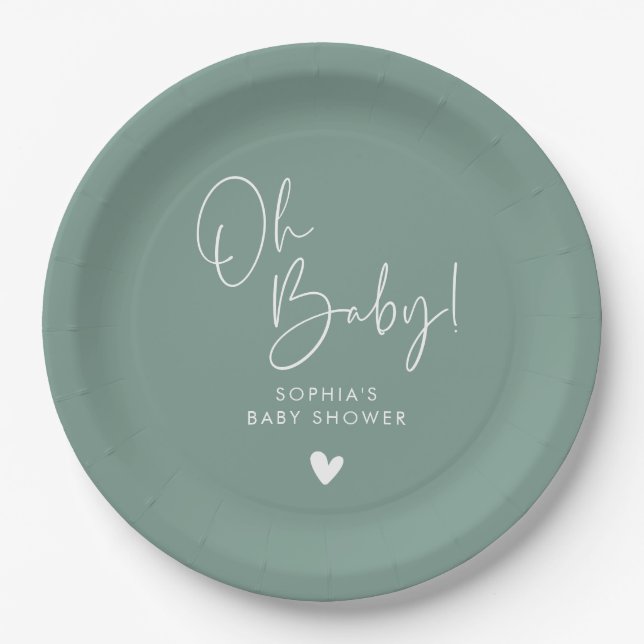 Green Oh Baby Modern Boho Baby Shower Paper Plates (Front)