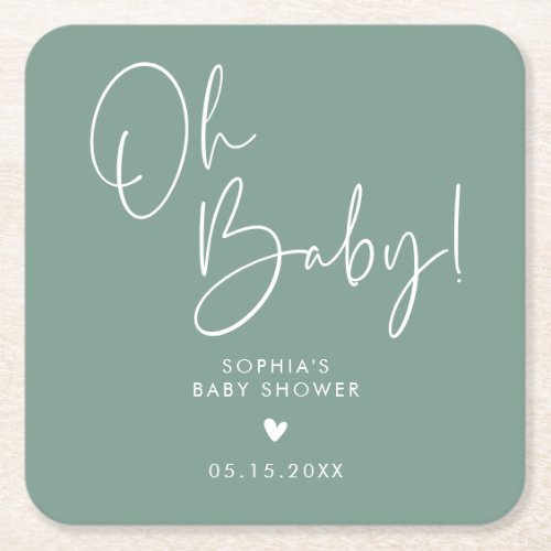 Green Oh Baby Modern Boho Baby Shower  Square Paper Coaster