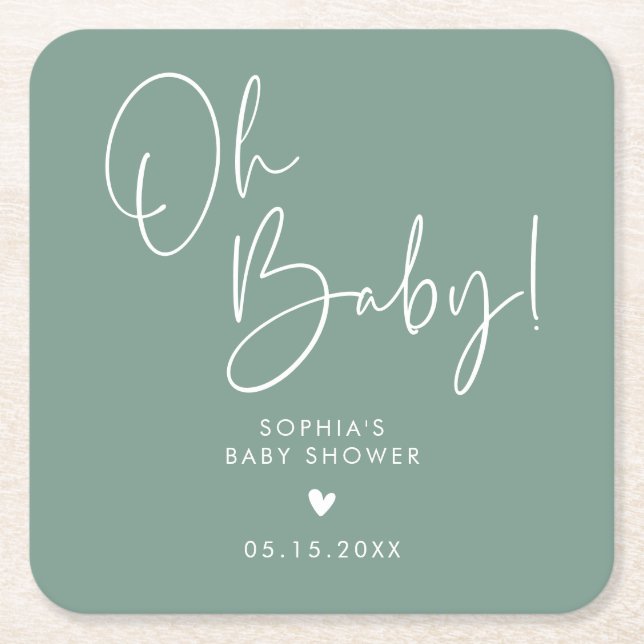 Green Oh Baby Modern Boho Baby Shower  Square Paper Coaster (Front)