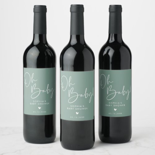 Green Oh Baby Modern Boho Baby Shower Wine Label