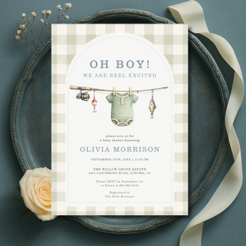 Green Oh Boy Fishing Gingham Baby Shower Invitation
