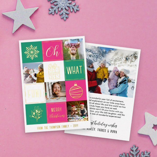 Green Oh What Fun Christmas Collage Snapshots Gold Foil Holiday Card (Creator Uploaded)