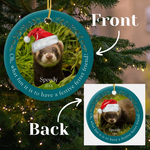 Green Oh What Fun Ferret Pet Christmas Ceramic Ornament