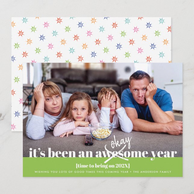 Green Okay New Year Bold Modern Simple Funny Photo Holiday Card (Front/Back)