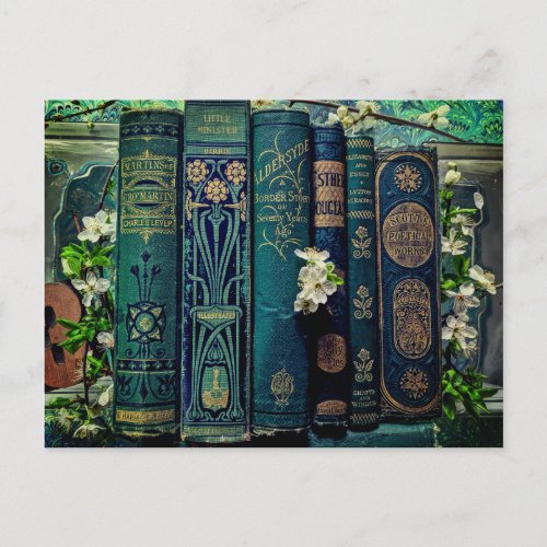 Green Old Books and Blossoms Postcard