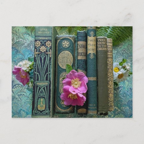 Green Old Books and Wild Pink Roses Postcard
