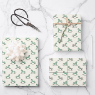 Green Old Fashioned Rocking Horses New Baby Shower Wrapping Paper Sheets