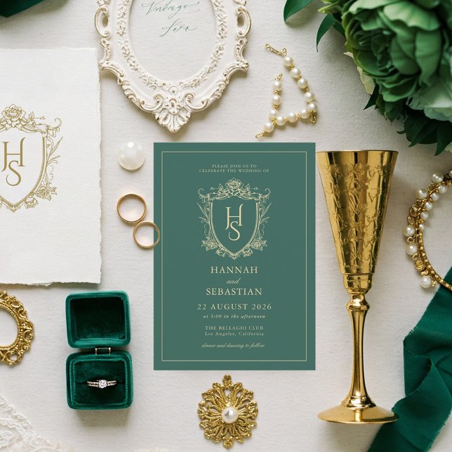 Green Old Money Vintage Crest Wedding Invitation (Creator Uploaded)