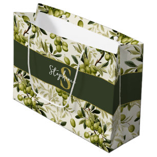 Green Olive Branch Mediterranean Pattern Monogram Large Gift Bag