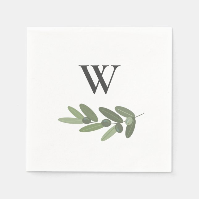 Green Olive Branch Monogram  Napkins (Front)