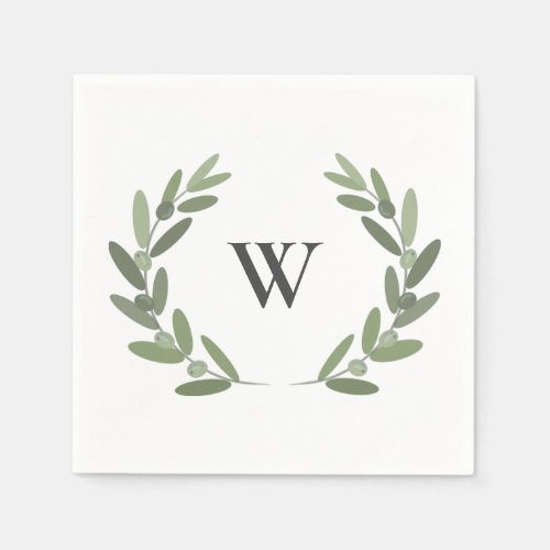 Green olive branch wreath monogram napkins