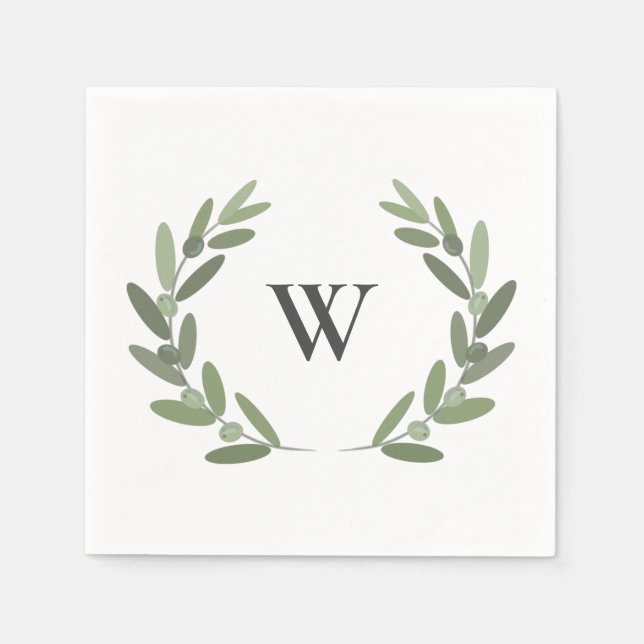 Green olive branch wreath monogram napkins (Front)
